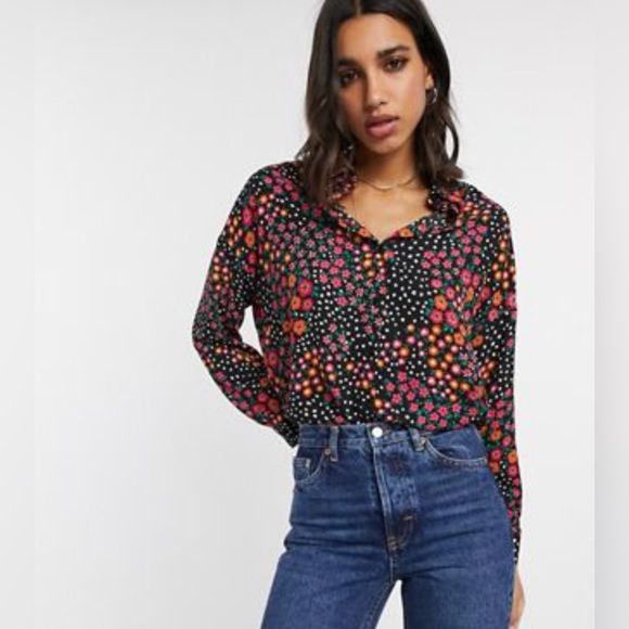 NWT- ASOS 12- MIX& MATCH FLORAL & BLACK BUTTON-UP LONG SLEEVE BLOUSE - Picture 2 of 12